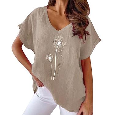 Imagem de Camisetas femininas estampadas Blowball de linho, casual, solta, túnica confortável para sair, Caqui, 4G