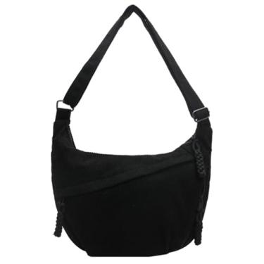 Imagem de Bolsa Hobo para mulheres e homens, bolsa de ombro crescente, retrô, de lona de nylon, bolsa transversal de veludo cotelê despojado, C Preto