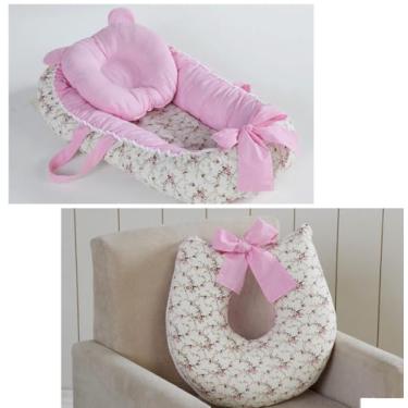 Imagem de Kit Ninho Redutor para Berço de Bebê com Travesseiro + Almofada Amamentação para Amamentar - FLORAL ROSA