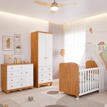 Imagem de Quarto Bebê Completo Berço Americano Uli Guarda Roupas 2 Portas 3 Gavetas Cômoda Junior 100% Mdf Amendoa/branco
