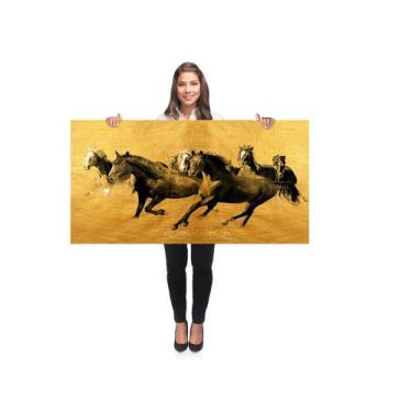 Imagem de Quadro Decorativo Grande Sala 100x50 Cavalos correndo dourado Quadro p