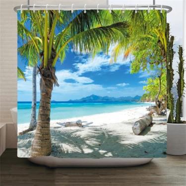 Imagem de Cortinas de chuveiro com cenário de praia, mar, oceano, mediterrâneo, cortina de banheiro, tecido impermeável, decoração, 3, W300xH180cm