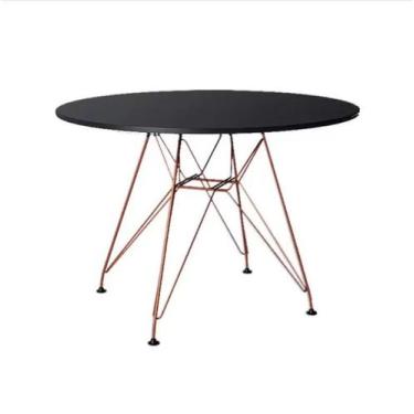 Imagem de Mesa Eiffel Redonda 90cm Tampo De Madeira Preto Com Base De Ferro Cobr