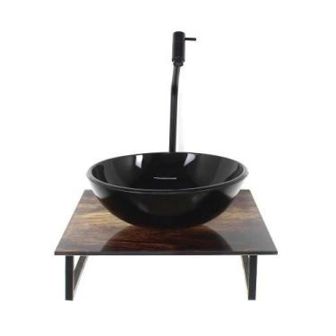 Imagem de Kit cuba de vidro redonda 10mm com tampo de vidro 40cm x 40cm madeira 