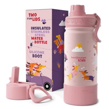 Imagem de Bentoheaven Garrafa de água infantil de aço inoxidável para meninos e meninas, 2 tampas (Chug & Canudo), alça e bota de silicone, copo térmico de metal reutilizável à prova de vazamento, escola e