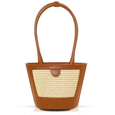 Imagem de Sacola feminina, bolsa de praia de verão, bolsas tecidas à mão, couro costurado, bolsa de ombro de palha adequada para viagens de férias diárias (cáqui), Caqui, One Size