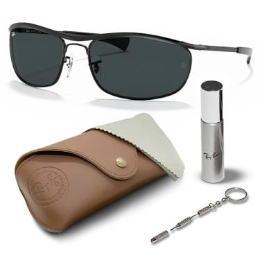 Imagem de Ray-Ban RB3119M Óculos de sol Olympian Deluxe oval com kit de óculos – Almofadas de nariz ajustáveis – Óculos de sol retrô formais e casuais ideais, Armação preta polida | Lente azul, 62mm