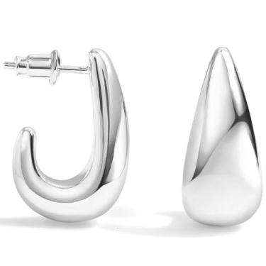 Imagem de Brincos de gota leves em prata | Brincos femininos em formato de lágrima em forma de lágrima dourada | Meia argola inchada, Latão, Sem pedra preciosa