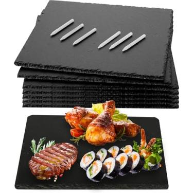 Imagem de Oungy 6 peças tábua de queijos de ardósia preta de 25 x 15 cm com tábuas de charcutaria de ardósia de giz, pratos de pedra para aperitivos de queijo, carne e frutas