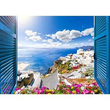 Imagem de Loccor Tecido de 3 x 2 m, pano de fundo grego, mar Egeu, arquitetura tradicional, flores, janela, cenário, fotografia, tema Momma Mia, decorações de festa de aniversário, retrato de casamento,