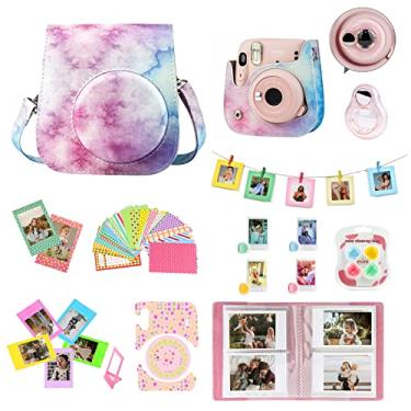 Imagem de WOGOZAN Capa para câmera instantânea Fujifilm Instax Mini 11 + álbum para mini filme de 7,6 cm + kit de acessórios, filtros de cor, álbum de fotos, lente de selfie + mais (aquarela azul-rosa)