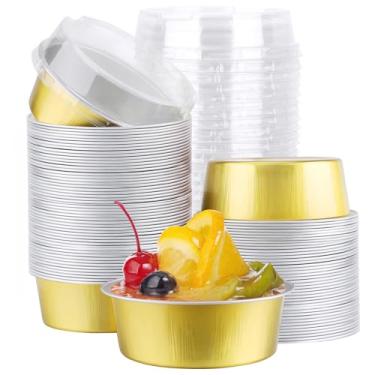 Imagem de EUSOAR Copos de cupcake dourados, 100 peças, mini forros de muffin de folha de alumínio descartáveis de 142 g, copos de assar, ramequins com tampas para assar no forno, recipientes de alumínio para