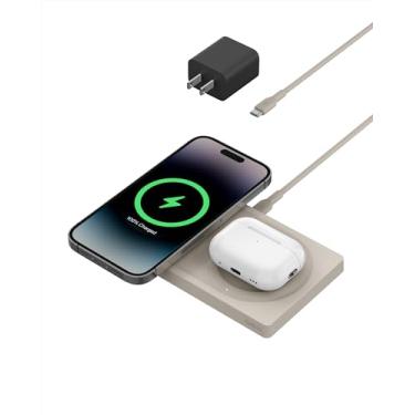 Imagem de Belkin Base de carregamento sem fio BoostCharge Pro 2 em 1 com MagSafe de 15 W, carregador rápido para iPhone compatível com iPhone 15, 14, 13 e 12 séries, AirPods e outros dispositivos habilitados