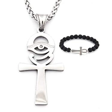 Imagem de Gungneer Colar com pingente de cruz Ankh Olho de Hórus, joia de amuleto de talismã egípcio antigo de aço inoxidável, Metal