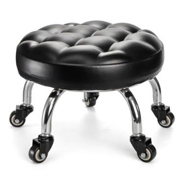 Imagem de WRINGKIT Banqueta redonda baixa, assento de rolo de couro PU, banco baixo giratório de 360° com rodas giratórias, cadeira com rodinhas de 23 cm de altura baixa para garagem, casa, escritório, loja