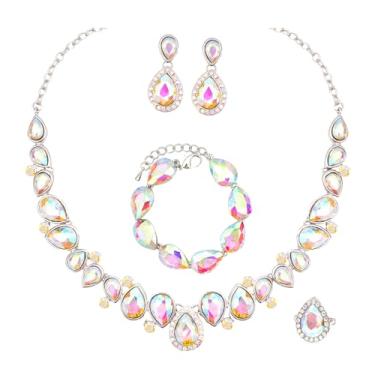 Imagem de CSY Conjunto de anéis elegantes para noivas, brincos e pulseiras, para noiva, dama de honra, gota de lágrima, cristal, casamento, formatura, fantasia, bijuteria, conjuntos para mulheres, Banhado a