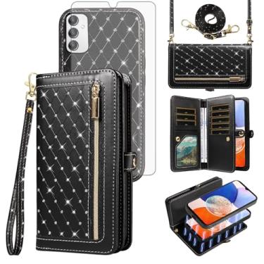 Imagem de Asuwish Capa de celular para Samsung Galaxy A14/M14 5G Carteira com zíper destacável com protetor de tela de vidro temperado, alça transversal, flip brilhante, porta-cartão de crédito A 14 4G 14 A 14