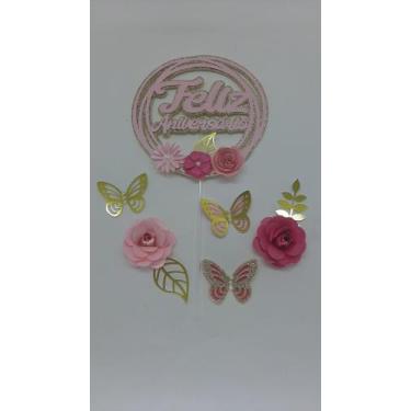 Imagem de Topo de Bolo Flores Feliz Aniversário Brilho - MIWL ART