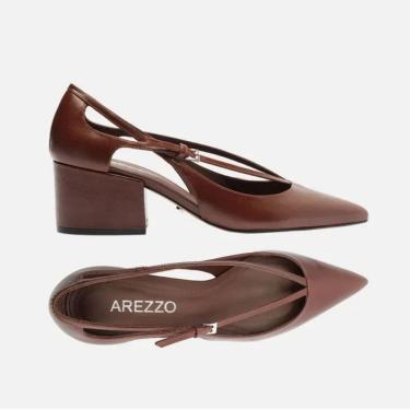 Imagem de Sandalia Marrom Couro Bloco Semi Aberto Tiras Arezzo Feminin
