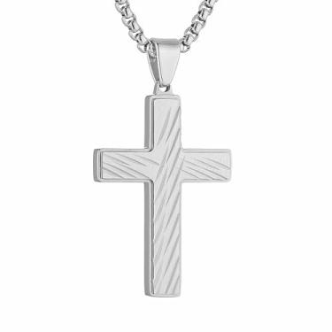 Imagem de HZMAN Colar de cruz para homens e mulheres, aço inoxidável altamente polido, com cicatrizes e pingente de cruz pequena, joia de fé cristã presente, Aço inoxidável, Sem Pedra Preciosa