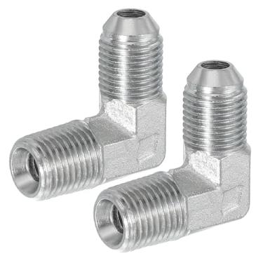Imagem de PATIKIL Adaptador de tubo de 90 graus, 2 peças 1/5.1 cm macho 37° Flare JIC x 1/10.2 cm conector macho BSPT encaixe de cotovelo de aço carbono para ar fluido hidráulico combustível água óleo, prata