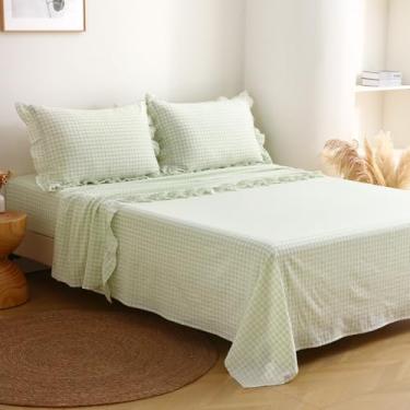 Imagem de K MASANIJI Jogo de lençol Queen tamanho Queen com 4 peças, 300 fios, 100% algodão tingido com fios de 45,7 cm, lençol decorativo de 45,7 cm (xadrez verde/branco, Queen)