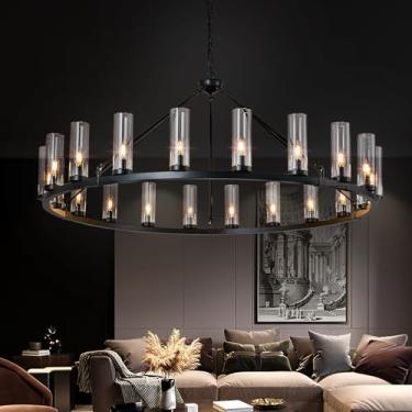 Imagem de zhllmq Lustre Grande De Roda De Carroça Com 20 Luzes E Cúpula De Vidro Transparente, Lustre Preto Redondo, Lustre Industrial De Fazenda, Luminária Para Sala De Jantar, Escada, Sala De Estar, Hall De