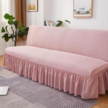 Imagem de Capa de futon sem braços com saia de babados, capa de sofá-cama futon altamente elástica, capa de sofá antiderrapante sem braços, tecido de veludo grosso, macio e aconchegante(Pink,Small (120-150cm))