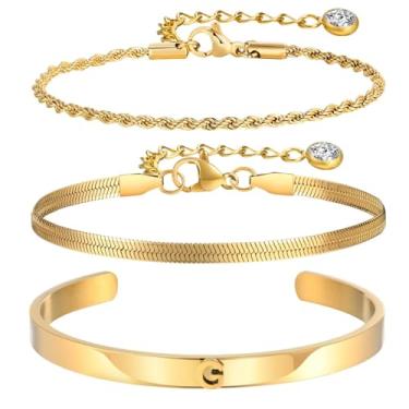Imagem de KSF Pulseira de ouro para mulheres com inicial banhada a ouro 14 K, conjunto de pulseiras de corrente de elos cubanos, não manchadas, espinha de peixe, joias femininas modernas, One Size, Aço