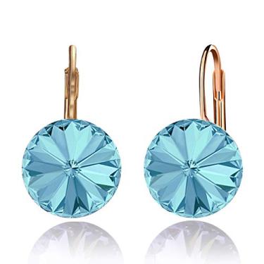 Imagem de Brincos de gota redondos de cristal Swarovski para mulheres, brincos de argola banhados a ouro 14 quilates, hipoalergênicos Azul