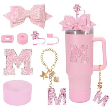 Imagem de Coiris Conjunto de 8 peças de acessórios para copos Stanley com pingente de laço rosa para copos de 1,134 g e 850 g Conjunto de acessórios para copos Stanley rosa choque (TZ0001-Rosa M)