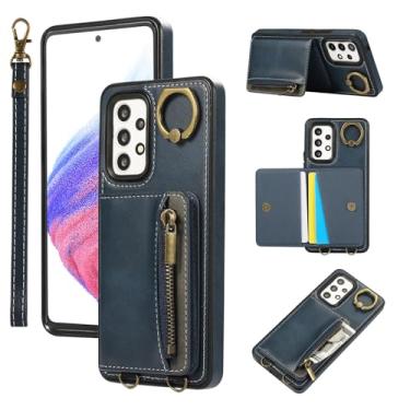 Imagem de Capa para Samsung GalaxyA15 com suporte para cartão com zíper, 4 compartimentos e suporte – Capa de telefone com textura de bezerro, alça de pulso e anel de metal, capa de telefone à prova de choque