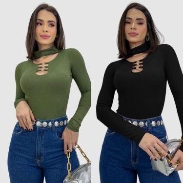 Imagem de Kit 2 Body Feminino Bojo Decote Argola Gola Choker Inverno - Swisz, Pr