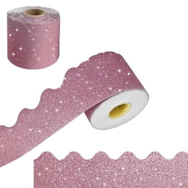 Imagem de Adesivos de bordas de boletim com acabamento de 1,8 m, bordas decorativas brilhantes, bordas recortadas, para festa de sala de aula, decoração de quadro de avisos recortados (rosa claro)