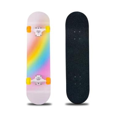 Imagem de Skate, skate completo de 78 x 20 cm, deck de madeira de bordo de 8 camadas, skate padrão para crianças, adolescentes, adultos, iniciantes (Rainbow-CX)