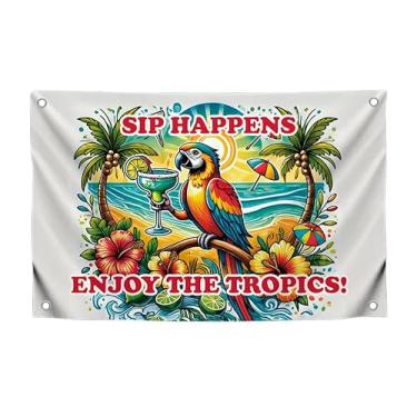 Imagem de Bandeira de 9,5 x 1,5 m com 4 argolas de latão - Papagaio tropical com tapeçaria colorida de Margarita - Pôster com citação "Sip Happens Enjoy the Tropics" - Bandeira externa brilhante para
