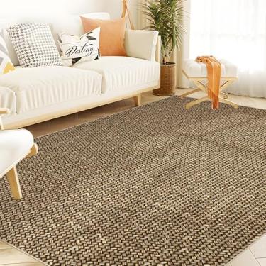 Imagem de dainslef Tapete trançado de vime lavável de 25 x 30 cm, tapetes sólidos neutros para sala de estar, tapete grande lavável rústico para casa de fazenda, tapete trançado para embaixo da mesa de jantar