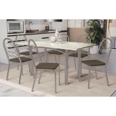 Imagem de Conjunto: Mesa de Cozinha Elba Tampo Madeirado c/ Vidro 160cm e 6 Cade