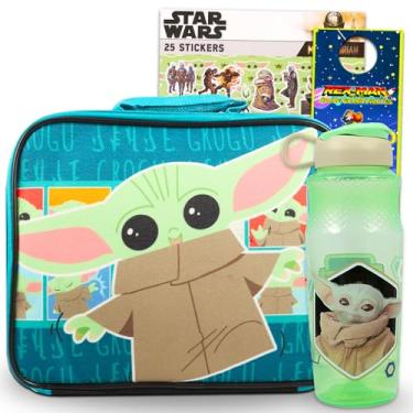 Imagem de Conjunto de lancheira para crianças Baby Yoda ~ Pacote com lancheira isolada para bebê Yoda, garrafa de água de 890 ml, canetas de gel e decalque (material escolar mandaloriano Star Wars)