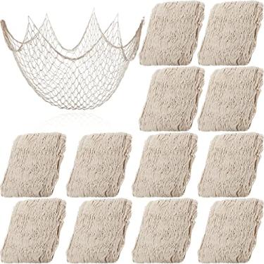 Imagem de 12 peças de suprimentos decorativos de festa de rede de pesca 190 x 159 cm, decorações náuticas de festa de algodão natural, acessório de festa para pesca havaiana pirata tema submarino (bege)