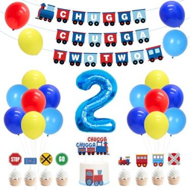 Imagem de Decoração para duas festas Chugga Chugga para meninos de 2 anos de idade, tema de cruzamento de trem ferroviário - duas faixas Chugga Chugga Chugga Duas, topo de bolo, balões de folha de trem