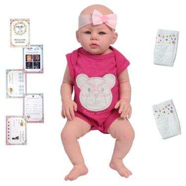 Imagem de Boneca Reborn Realista 100% Silicone Roupa Rosa Acessórios - Cegonha R