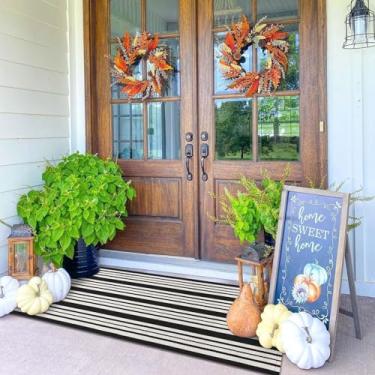 Imagem de KOZYFLY Tapete listrado preto e branco para varanda 6 x 11 m, lavável ao ar livre, capachos para casa de fazenda, exterior, tapete duplo para porta da frente, corredor, banheiro