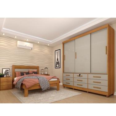 Imagem de Quarto Completo Roupeiro 3 Portas, Cama Casal E Mesa De Cabeceira Chicago Tcil Móveis Cinamomo/Off White