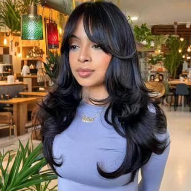 Imagem de Jolelyne Peruca Preta Em Camadas Onduladas Com Franja Cortina Para Mulheres, Longa E Natural Ondas No Corpo, Parte Média, Uso Diário Festas