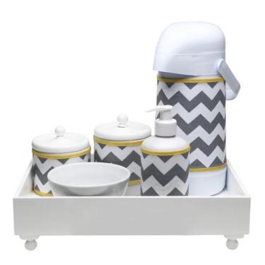 Imagem de Kit Higiene Candy Com Nome Cinza Chevron Quarto Bebê - Potinho de mel