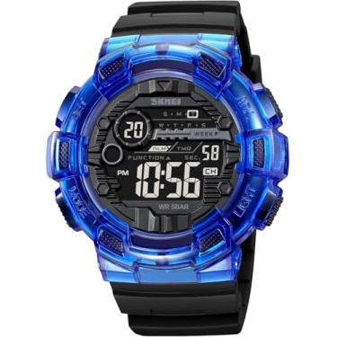 Imagem de Relógio multifuncional masculino, relógio digital esportivo para atividades ao ar livre com mostrador grande e data, relógio de pulso casual masculino com luz de fundo LED (Blue Black)