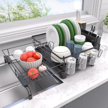 Imagem de Runnatal Escorredor de pratos extensível, coador de pratos grande de aço inoxidável com drenagem, suporte de utensílios e suporte de copo, escorredor de pratos expansível para balcão de cozinha (preto