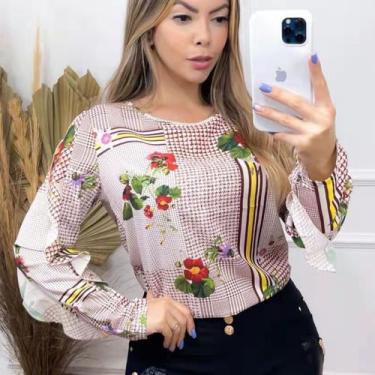 Imagem de Blusa Chiffon Floral Manga Longa Babado F081 - Vitrine Colleciton, Azu