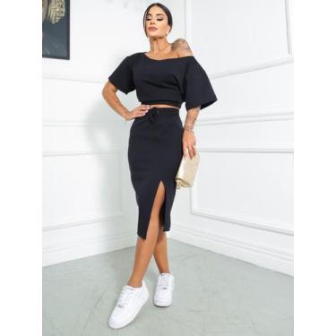 Imagem de conjunto feminino saia e cropped com manga curta - PRIME, Preto